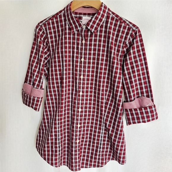 Brooks Brothers Red Plaid Fitted Non-Iron Cotton Button Shirt - Picture 12 of 16